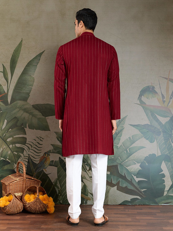 Red Mirror Work Kurta with Printed Dupatta for Men