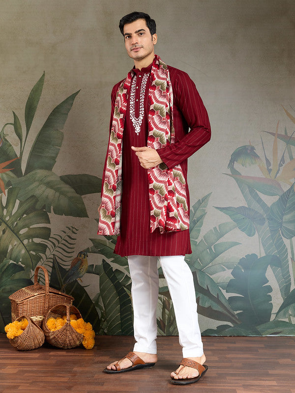 Red Mirror Work Kurta with Printed Dupatta for Men