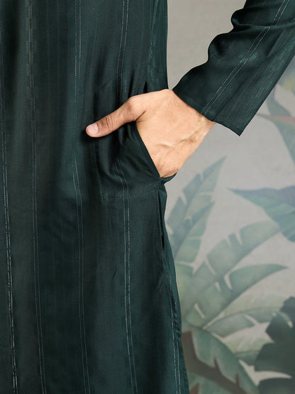 Green Mirror Work Kurta with Printed Dupatta for Men