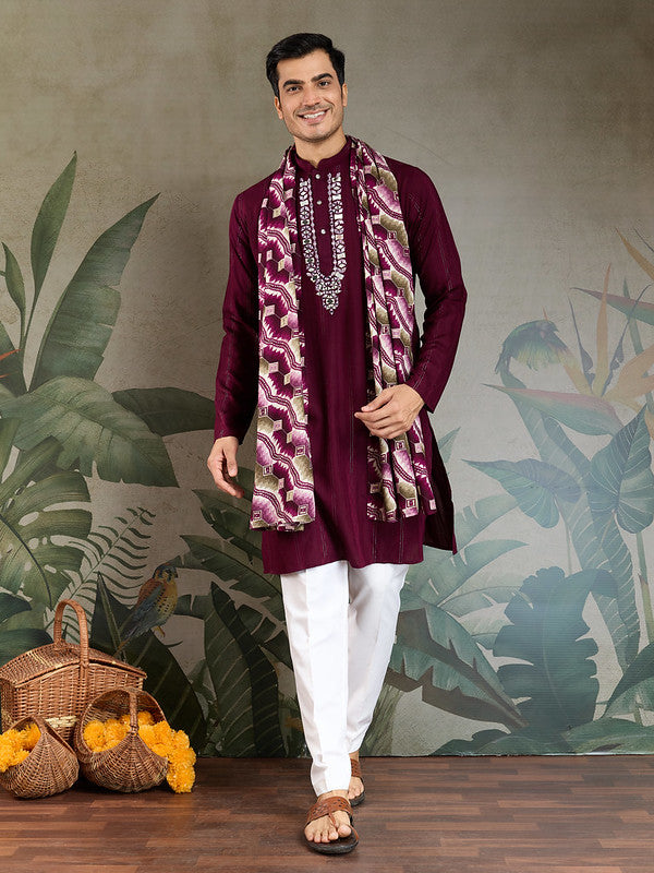 Purple Mirror Work Kurta with Dupatta for Men