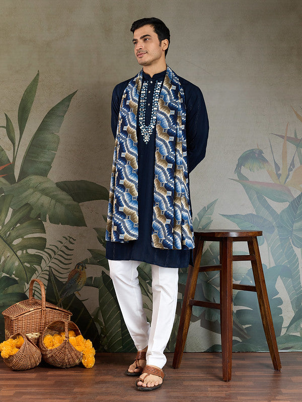 Navy Blue Mirror Work Kurta with Dupatta for Men