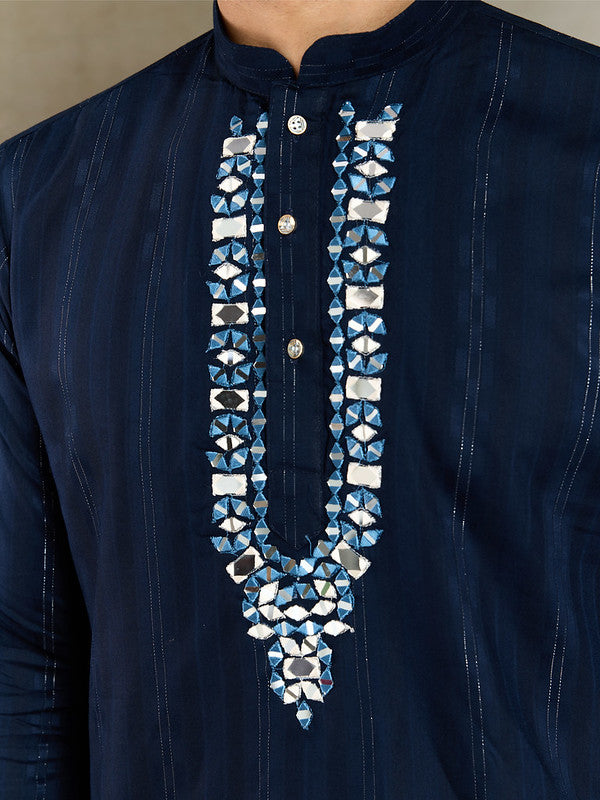 Navy Blue Mirror Work Kurta with Dupatta for Men