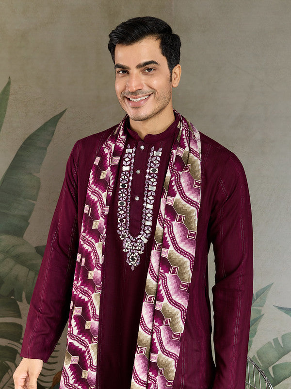 Purple Mirror Work Kurta with Dupatta for Men