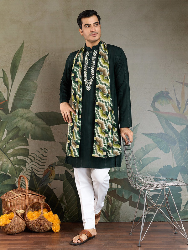 Green Mirror Work Kurta with Printed Dupatta for Men