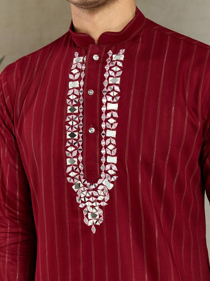 Red Mirror Work Kurta with Printed Dupatta for Men