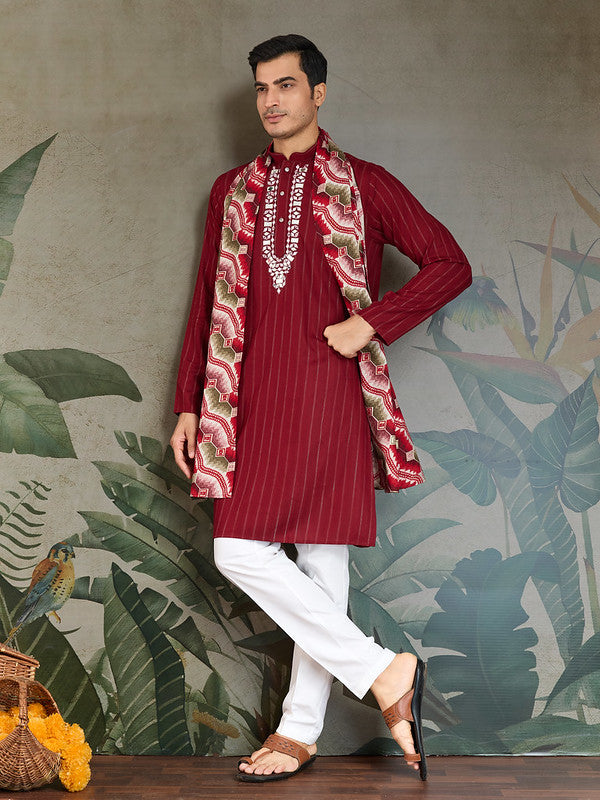 Red Mirror Work Kurta with Printed Dupatta for Men