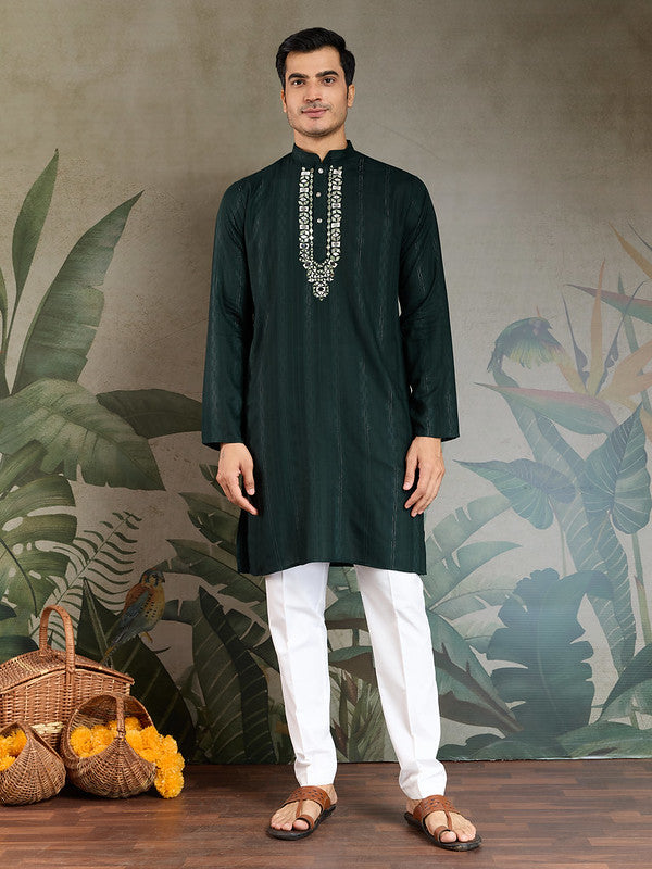 Green Mirror Work Kurta with Printed Dupatta for Men
