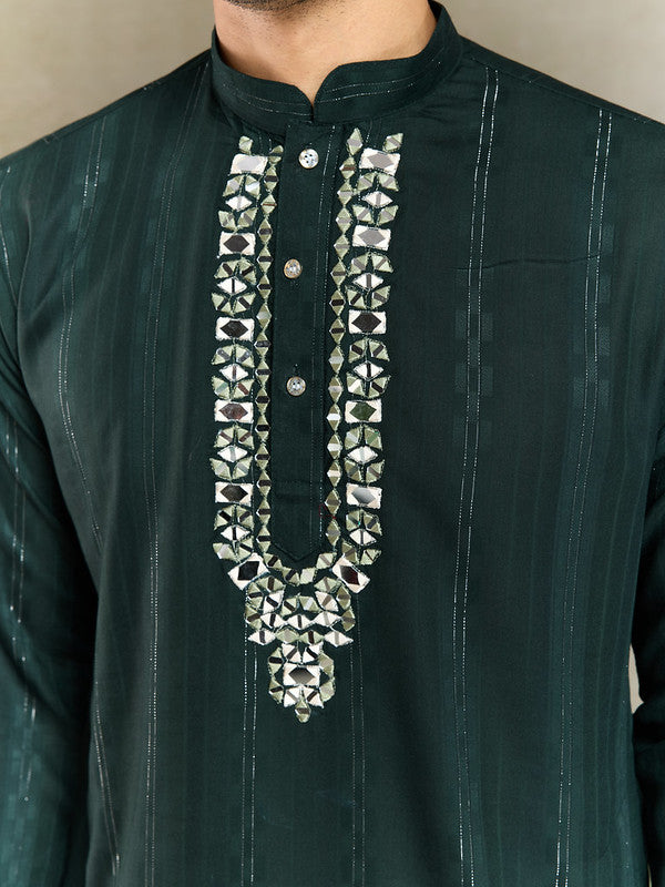 Green Mirror Work Kurta with Printed Dupatta for Men