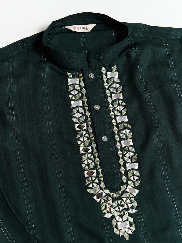 Green Mirror Work Kurta with Printed Dupatta for Men