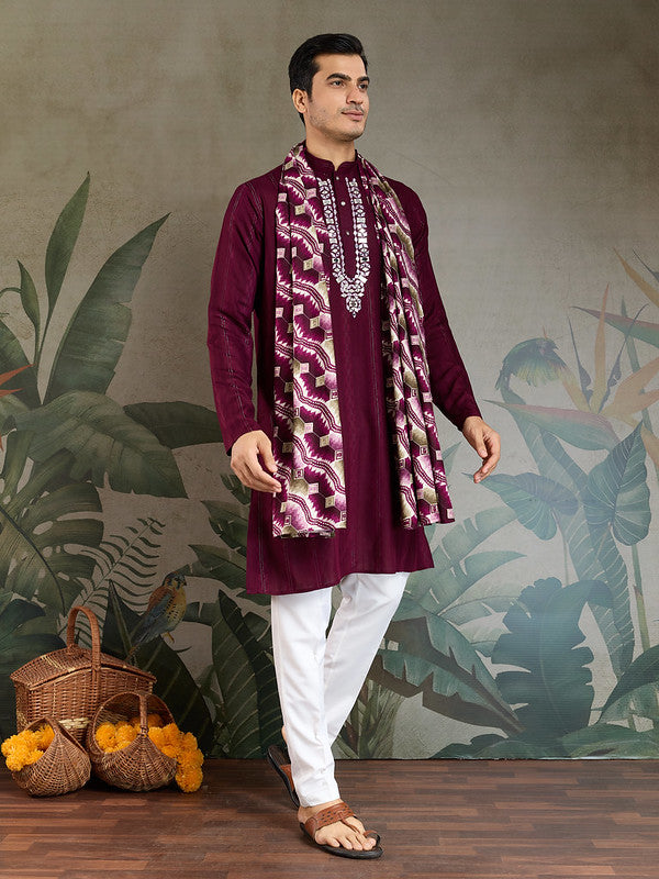 Purple Mirror Work Kurta with Dupatta for Men