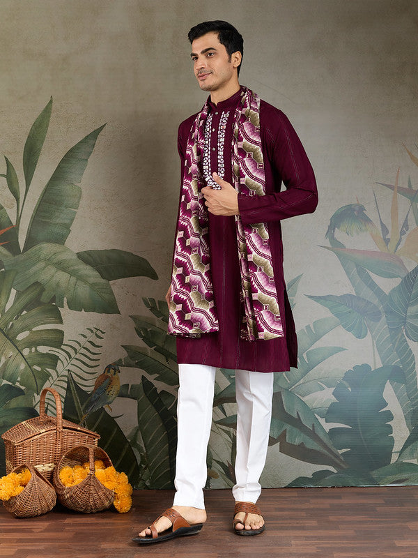 Purple Mirror Work Kurta with Dupatta for Men