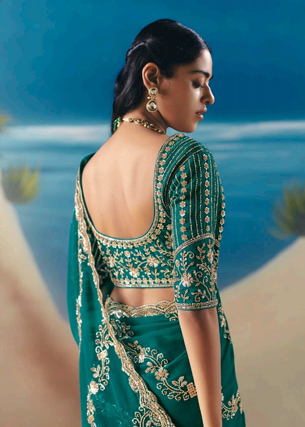 Teal Green Fancy Organza Silk Zari Embroidered Sequins With Bridal Saree 