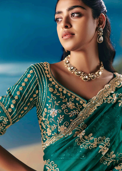 Teal Green Fancy Organza Silk Zari Embroidered Sequins With Bridal Saree 