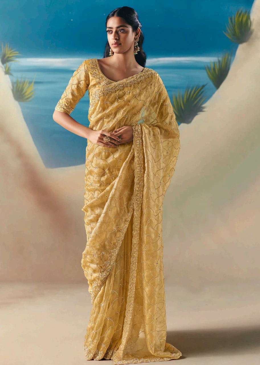 Pastel Yellow Fancy Organza Silk Zari Embroidered Sequins With Bridal Saree 
