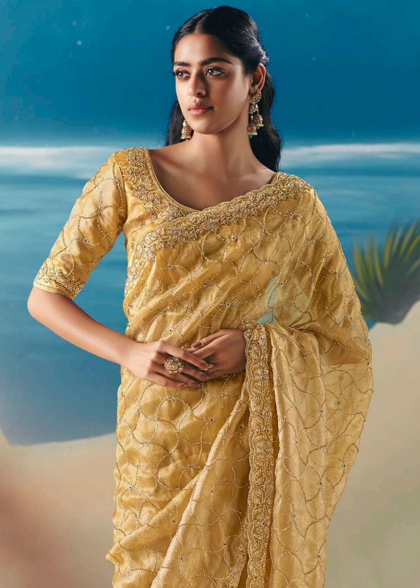 Pastel Yellow Fancy Organza Silk Zari Embroidered Sequins With Bridal Saree 