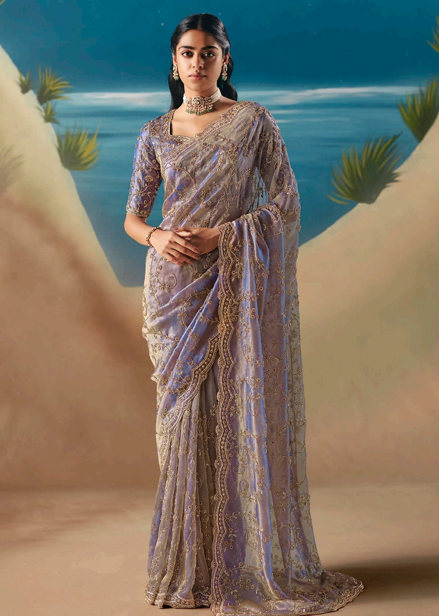 Lavender Fancy Organza Silk Zari Embroidered Sequins With Bridal Saree 