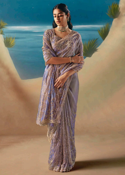 Lavender Fancy Organza Silk Zari Embroidered Sequins With Bridal Saree 