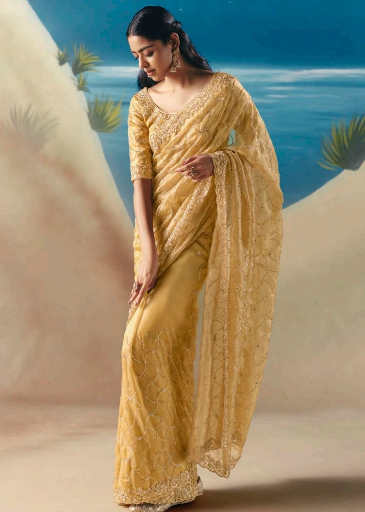 Pastel Yellow Fancy Organza Silk Zari Embroidered Sequins With Bridal Saree 