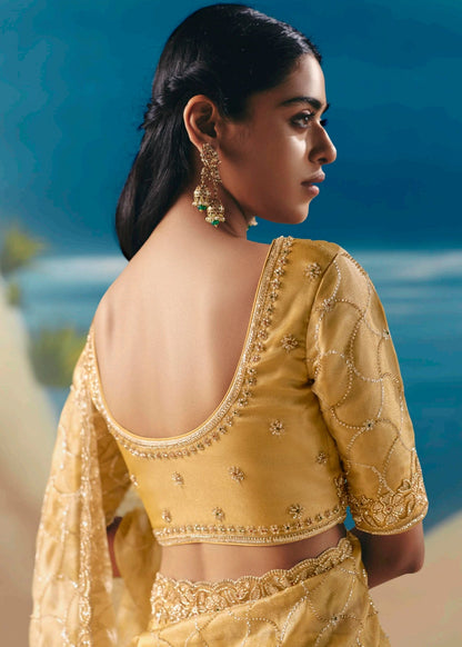 Pastel Yellow Fancy Organza Silk Zari Embroidered Sequins With Bridal Saree 