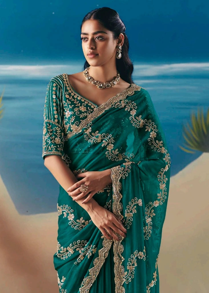 Teal Green Fancy Organza Silk Zari Embroidered Sequins With Bridal Saree 