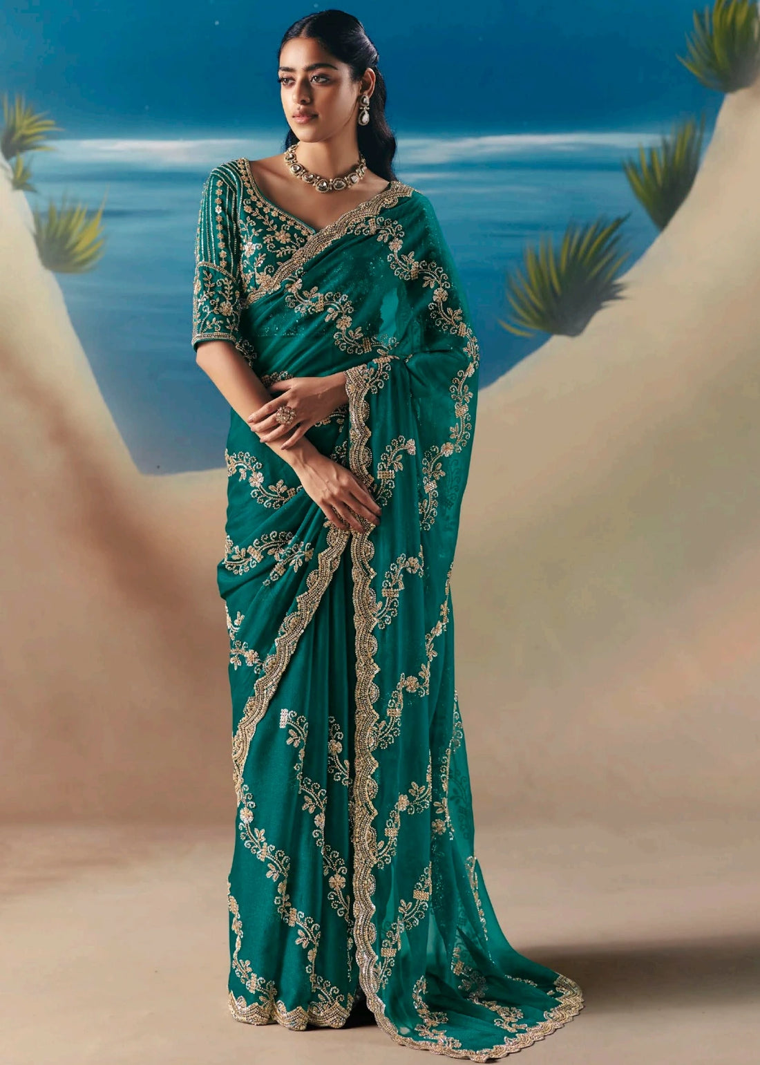 Teal Green Fancy Organza Silk Zari Embroidered Sequins With Bridal Saree 