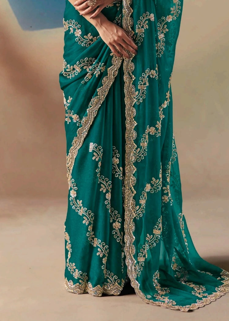 Teal Green Fancy Organza Silk Zari Embroidered Sequins With Bridal Saree 
