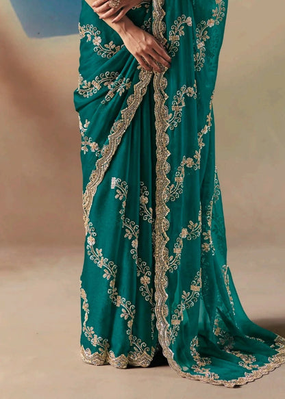 Teal Green Fancy Organza Silk Zari Embroidered Sequins With Bridal Saree 