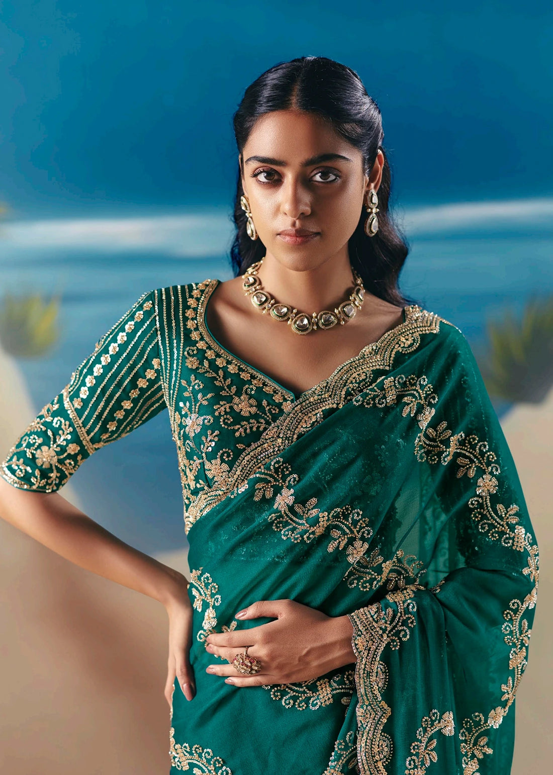 Teal Green Fancy Organza Silk Zari Embroidered Sequins With Bridal Saree 
