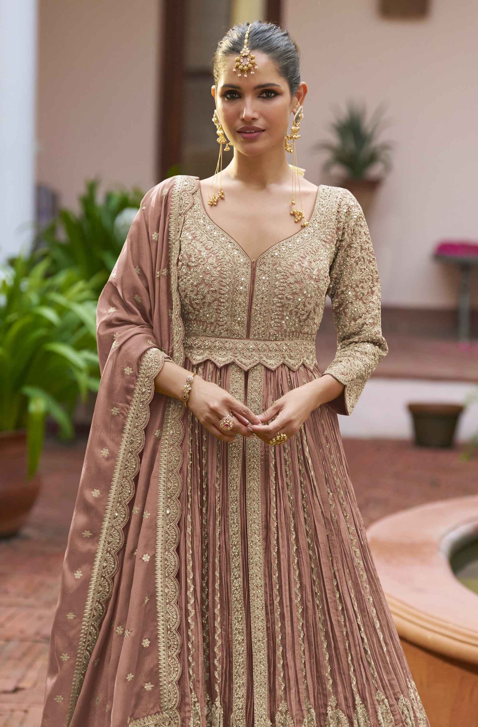 Dusty Rose Embellished Chinon Anarkali Gown Set with Dupatta