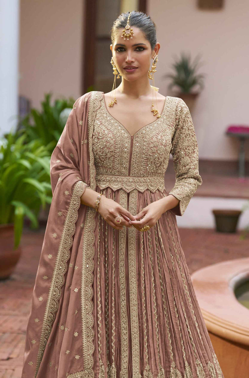 Dusty Rose Embellished Chinon Anarkali Gown Set with Dupatta