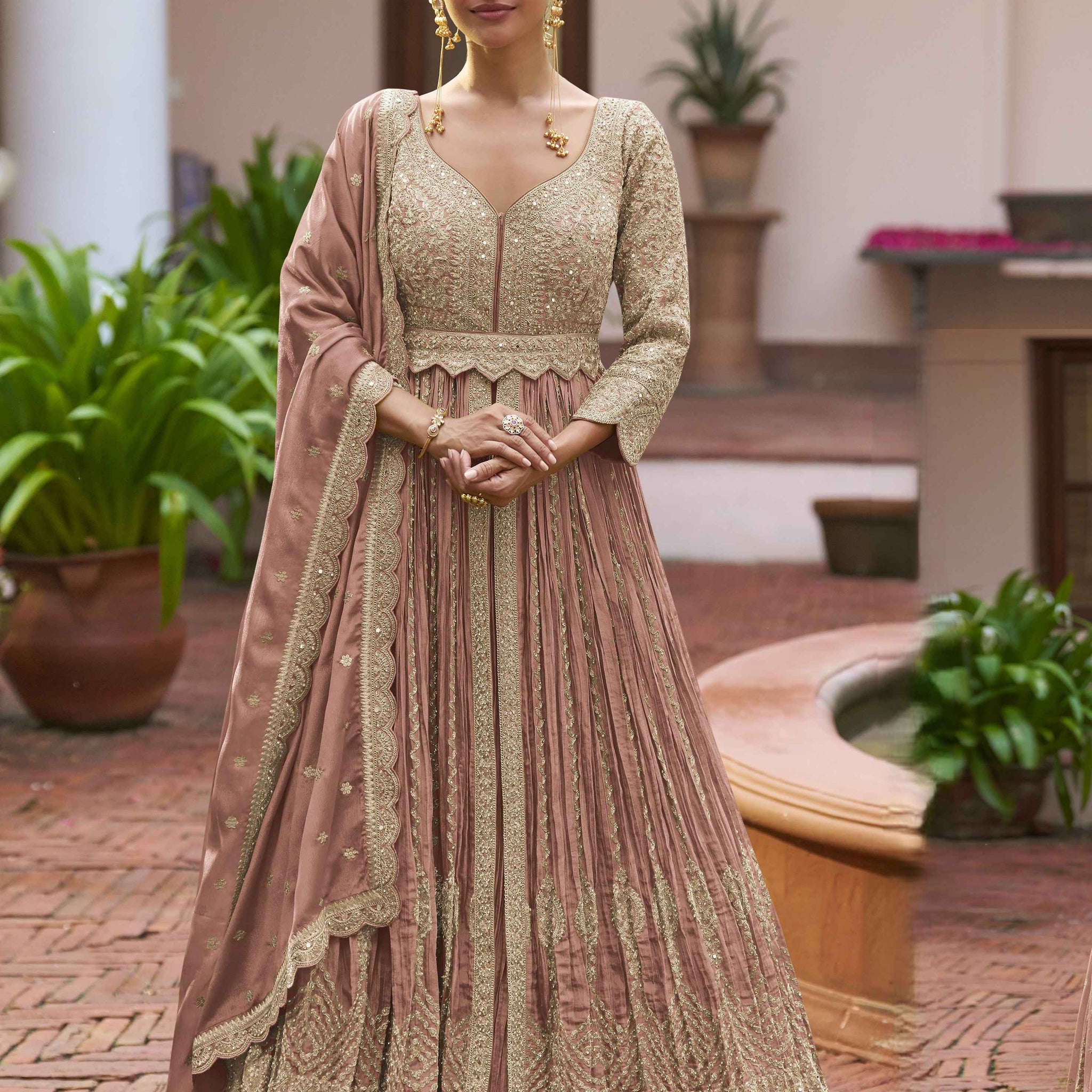 Dusty Rose Embellished Chinon Anarkali Gown Set with Dupatta