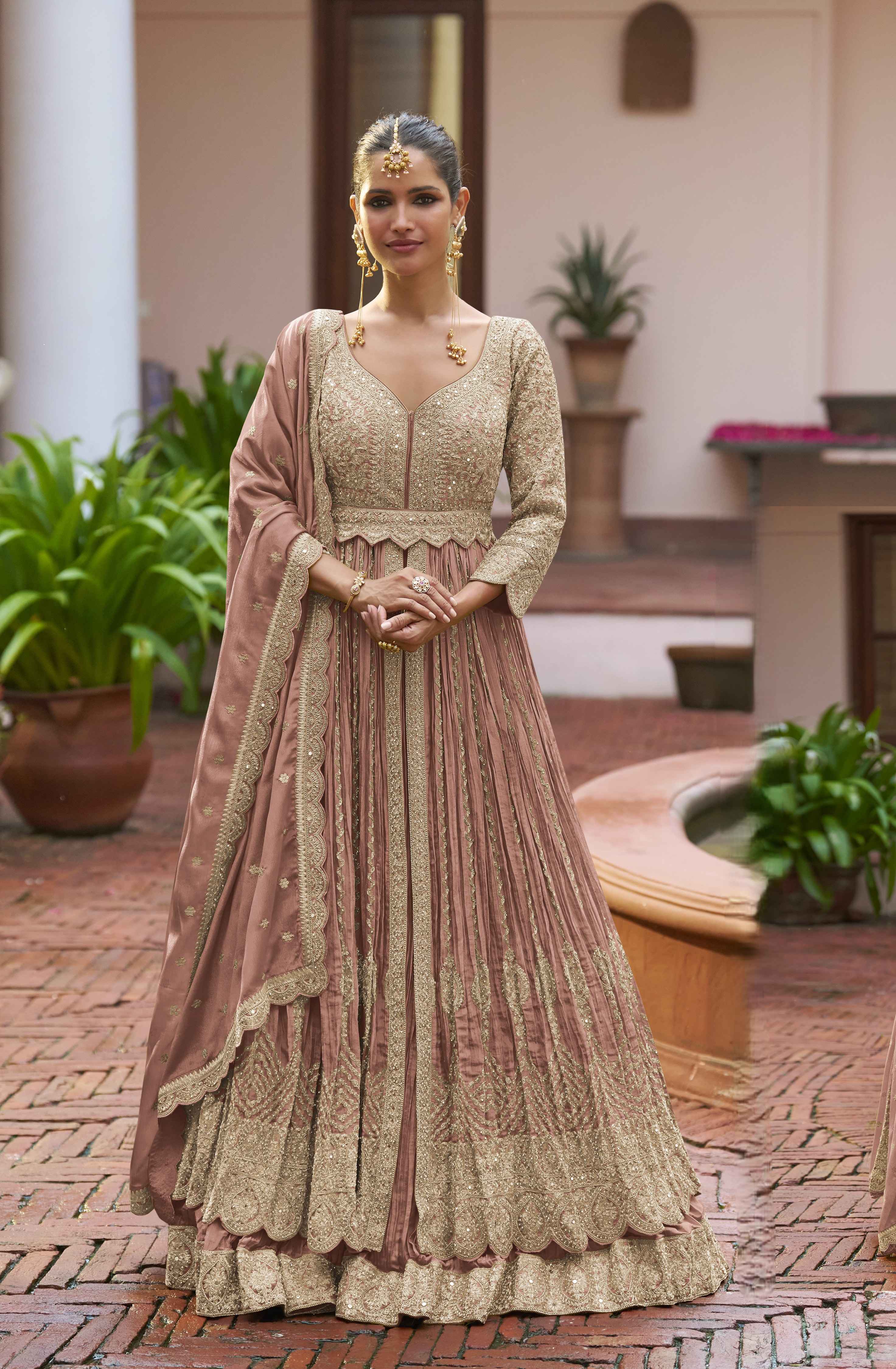 Dusty Rose Embellished Chinon Anarkali Gown Set with Dupatta