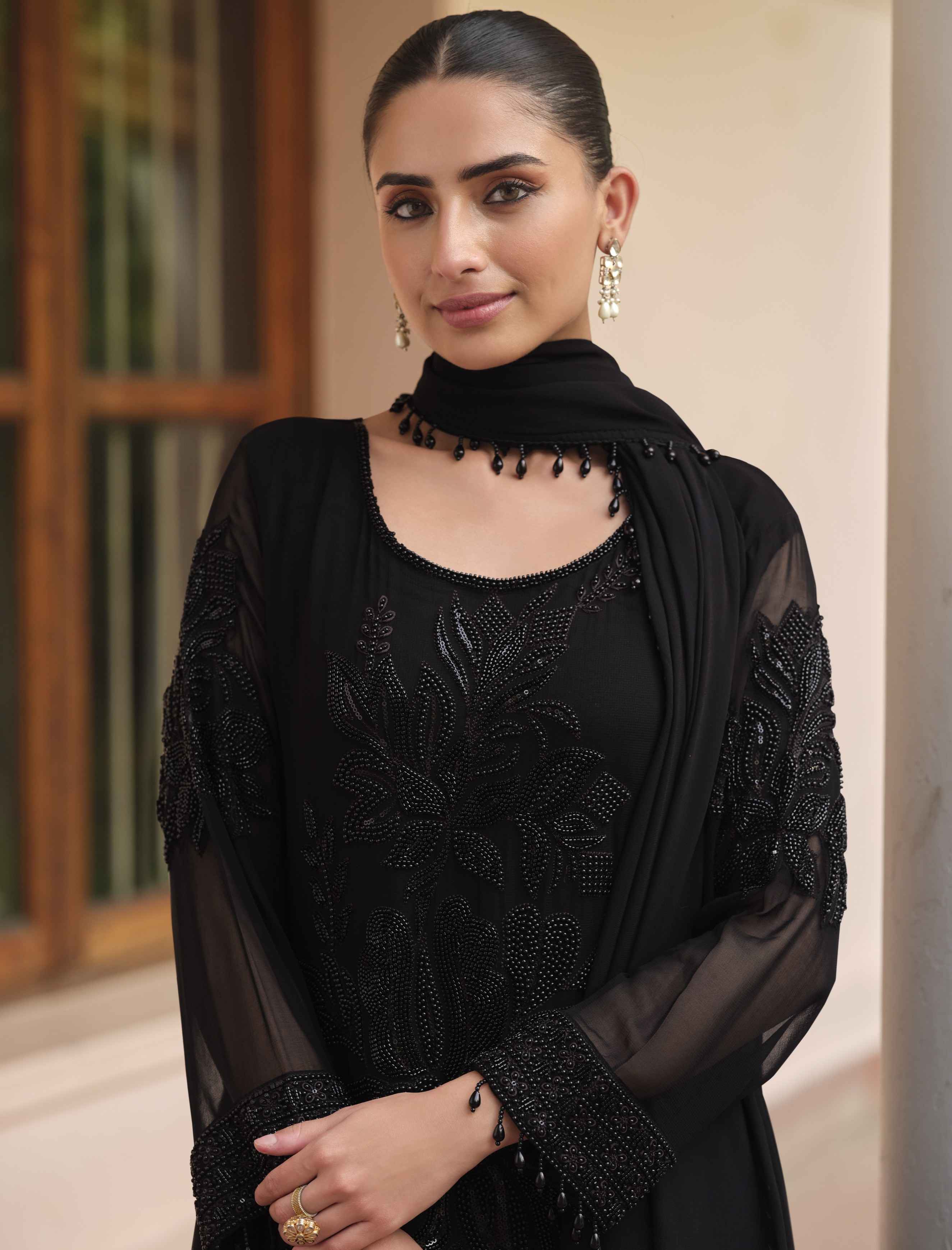 Black Premium Real Georgette Heavy Embroidered Palazzo Suit