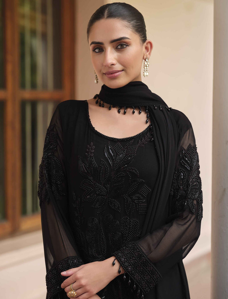 Black Premium Real Georgette Heavy Embroidered Palazzo Suit