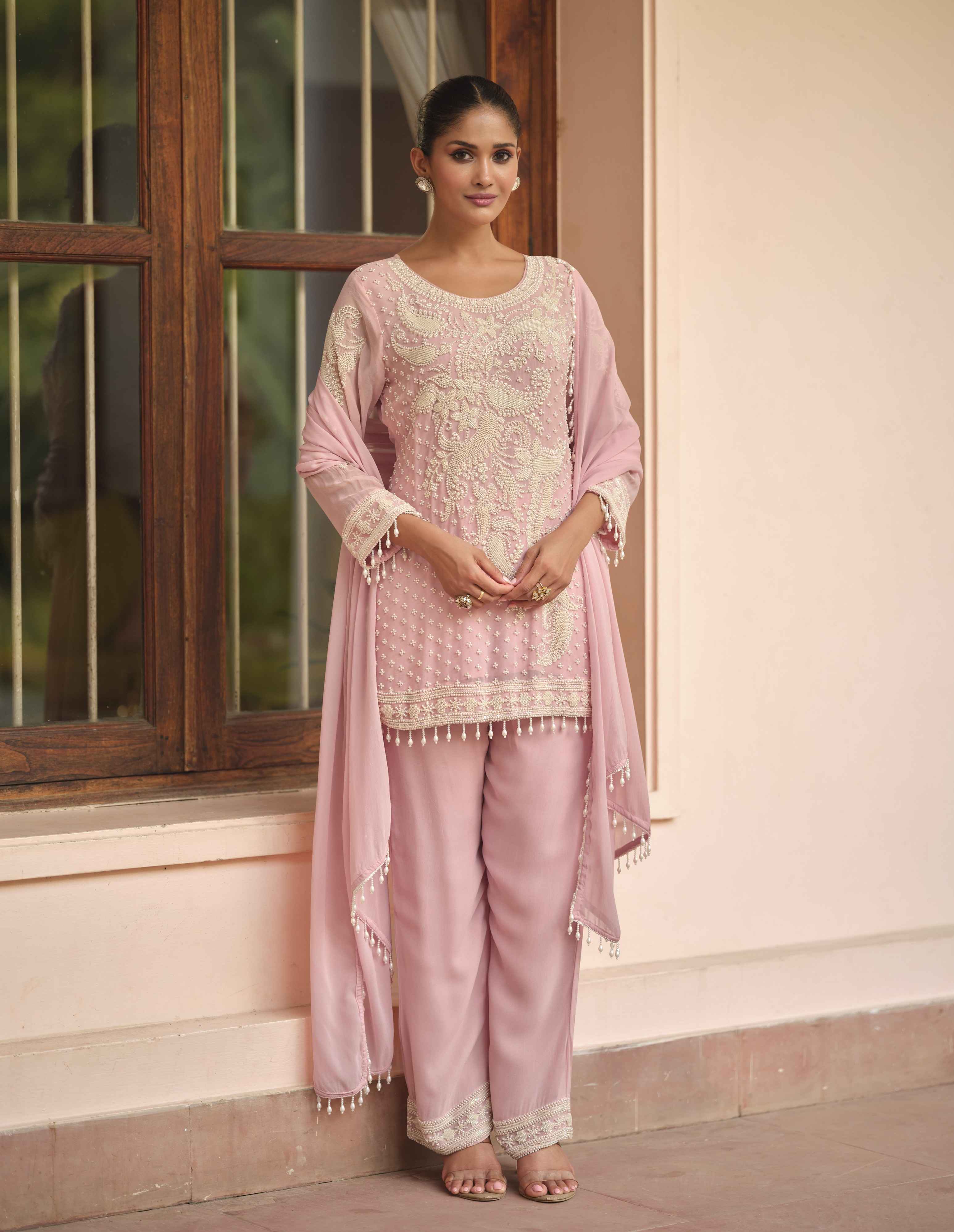 Baby Pink Soft Real Georgette Embroidered Palazzo Set