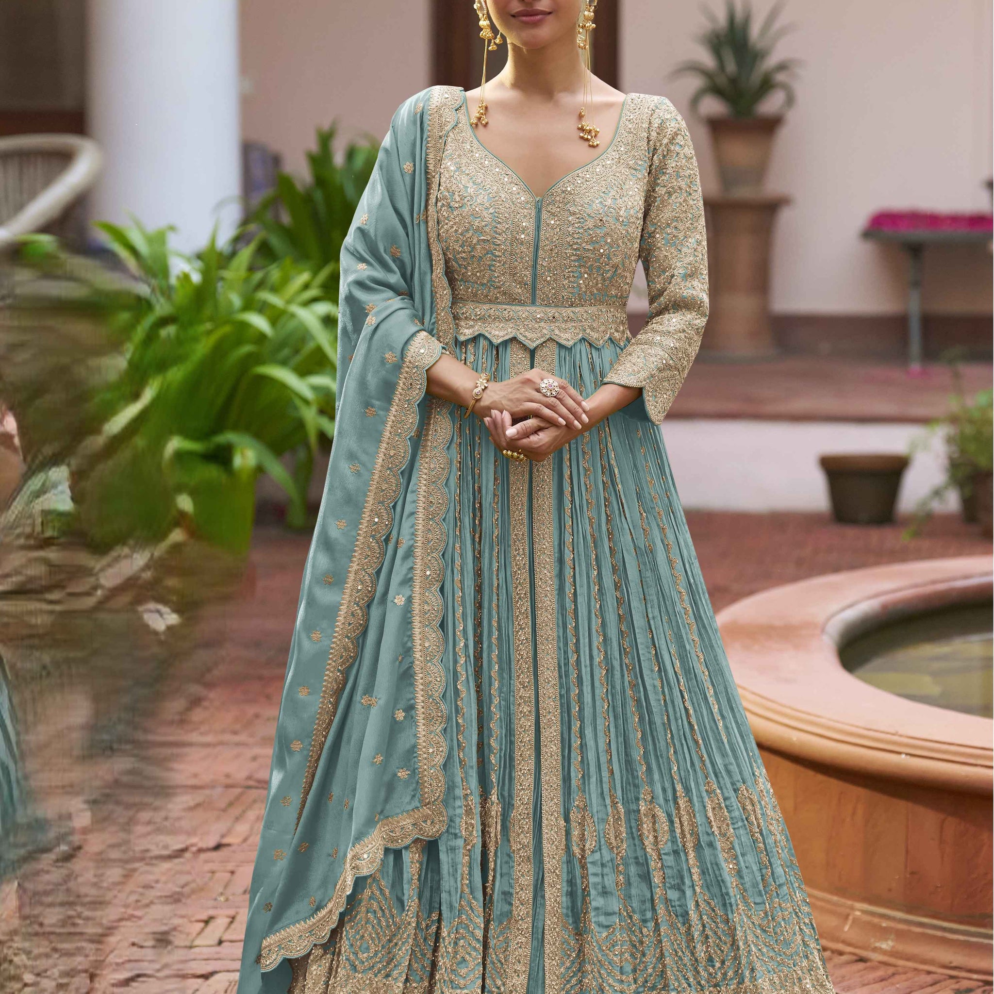 Teal Blue Real Chinon Heavy Embroidered Anarkali Gown
