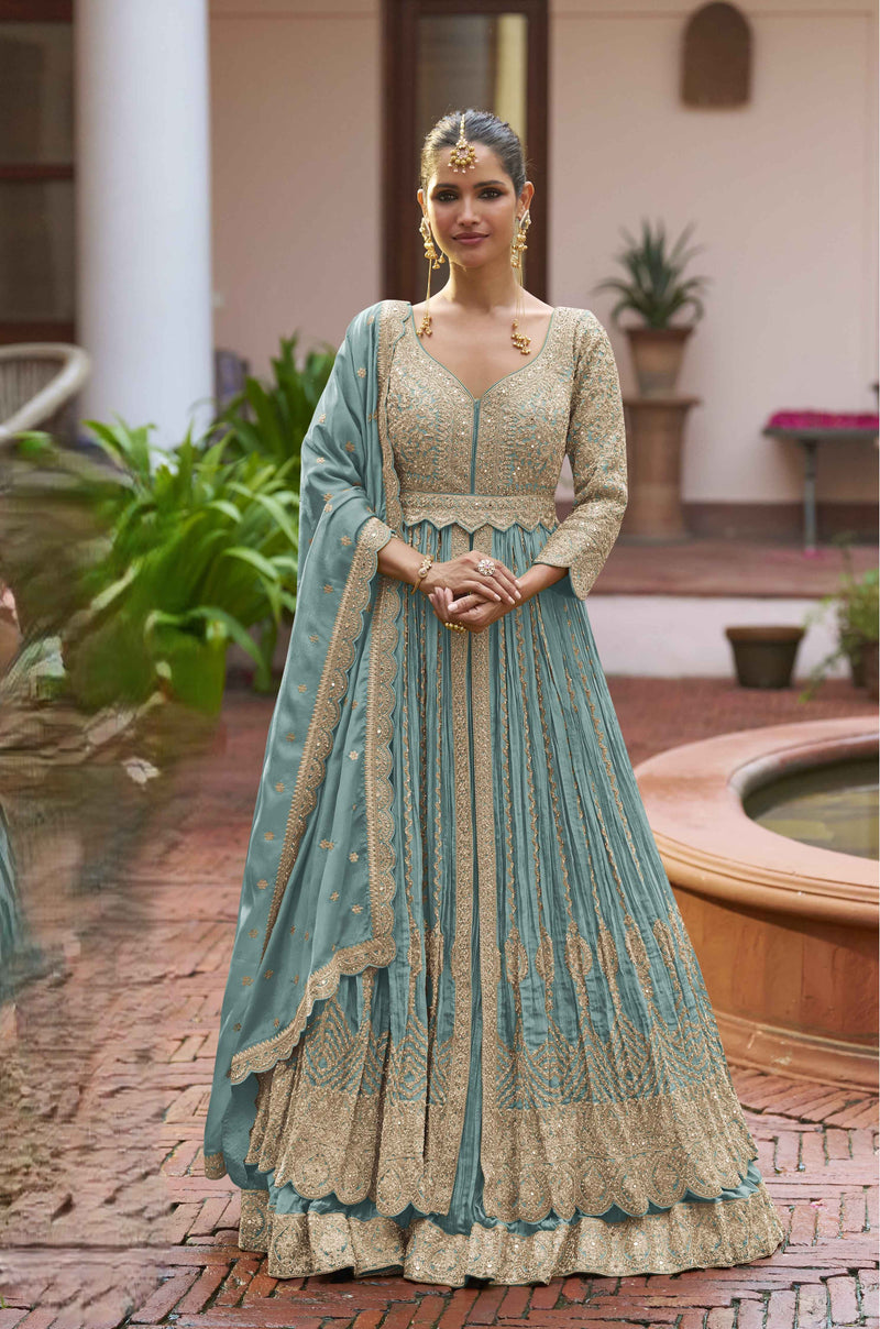 Teal Blue Real Chinon Heavy Embroidered Anarkali Gown
