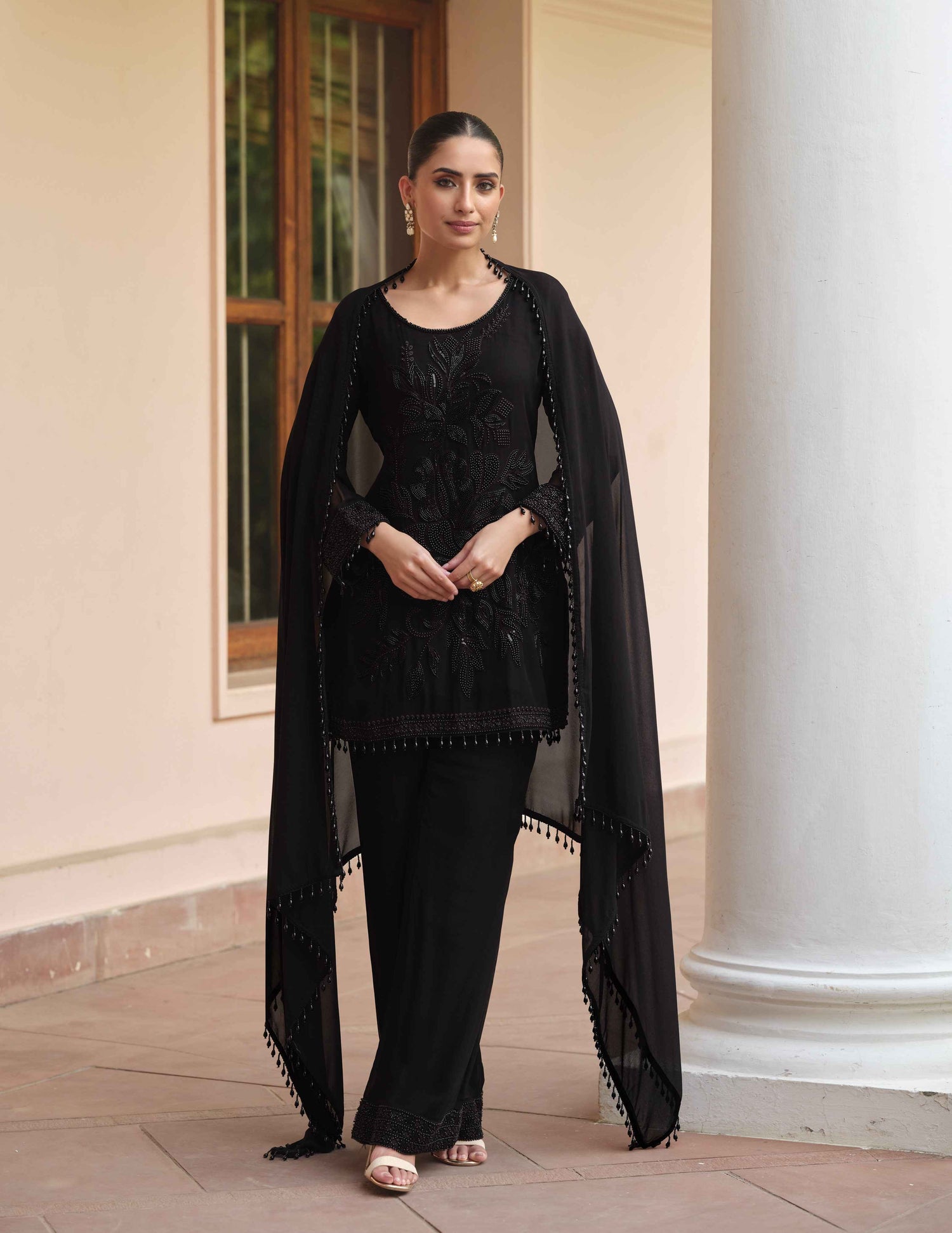 Black Premium Real Georgette Heavy Embroidered Palazzo Suit Palazzo Suit Anant Tex Exports Pvt.Ltd..