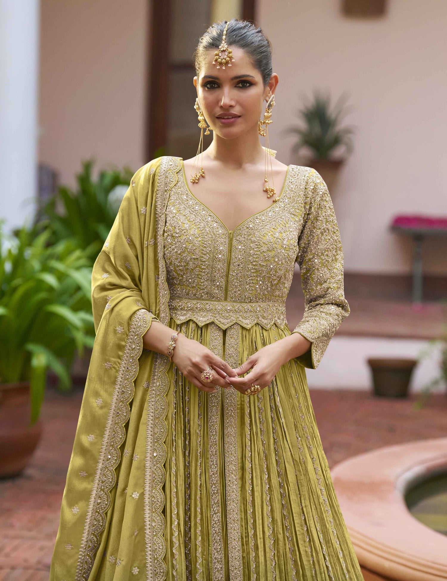 Olive Green Heavy Embroidered Chinon Anarkali Gown With Dupatta Anarkali Gown Anant Tex Exports Pvt.Ltd..