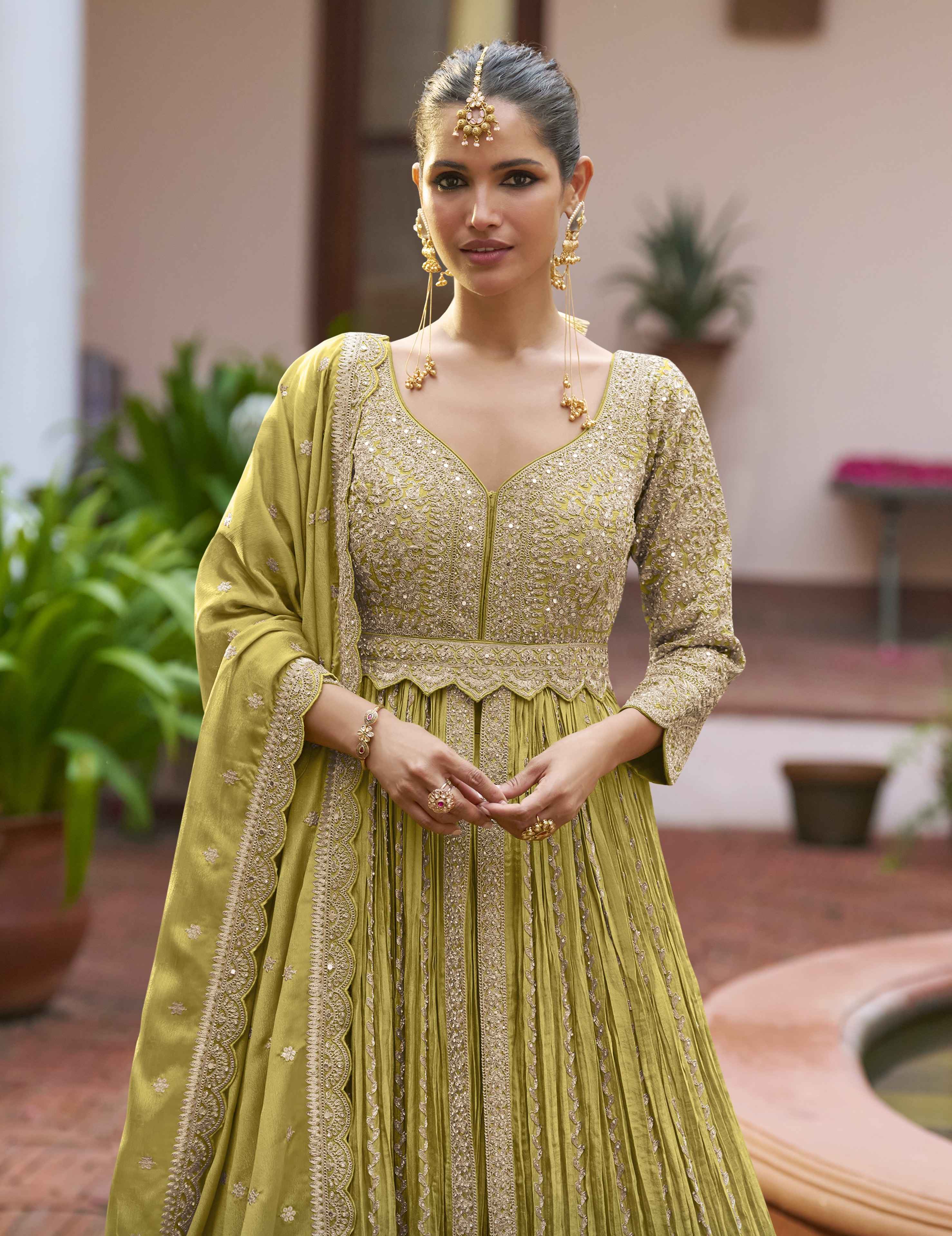 Olive Green Heavy Embroidered Chinon Anarkali Gown With Dupatta