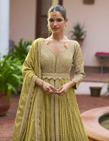 Olive Green Heavy Embroidered Chinon Anarkali Gown With Dupatta Anarkali Gown Anant Tex Exports Pvt.Ltd..