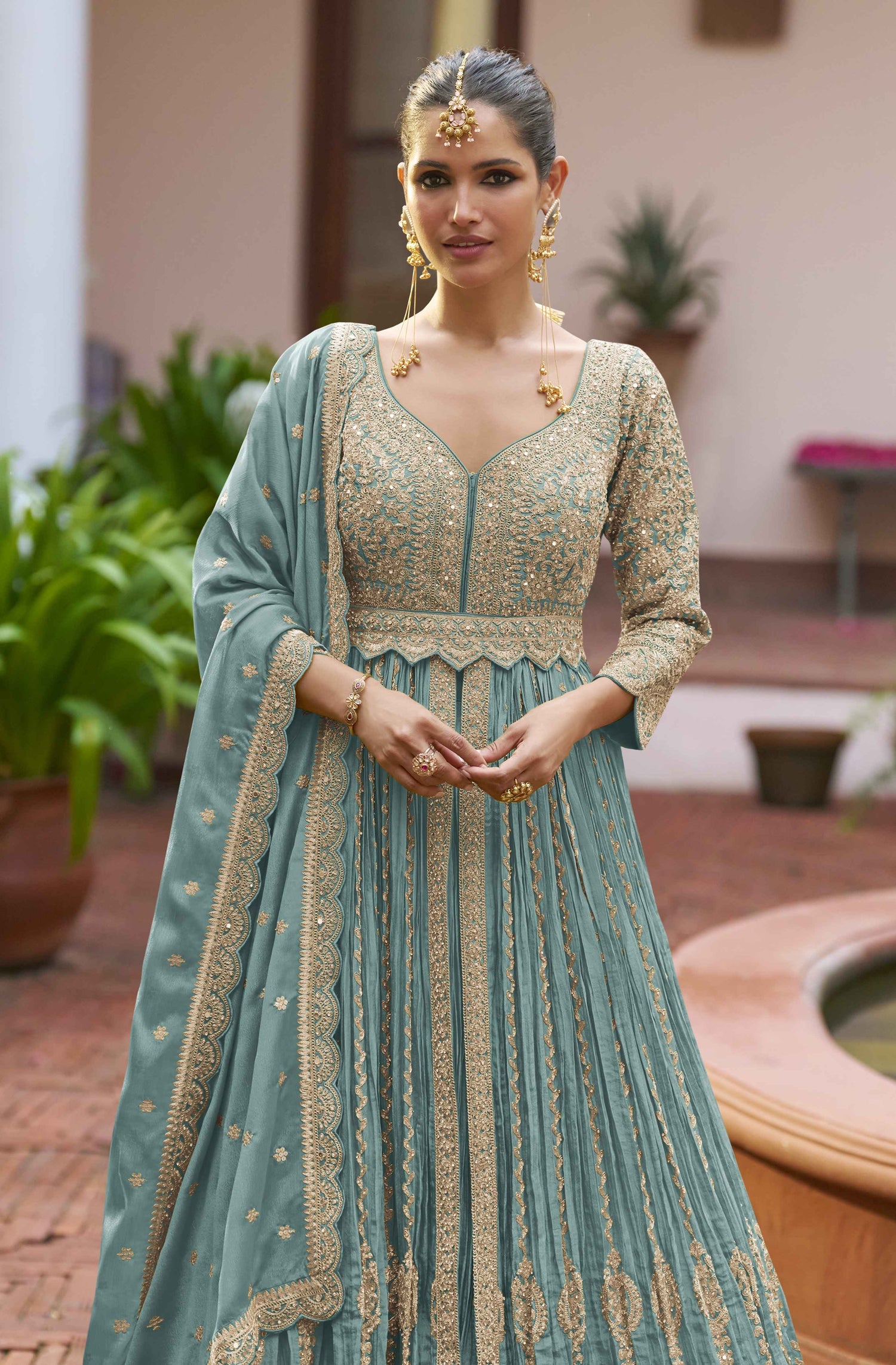 Teal Blue Real Chinon Heavy Embroidered Anarkali Gown Anarkali Gown Anant Tex Exports Pvt.Ltd..