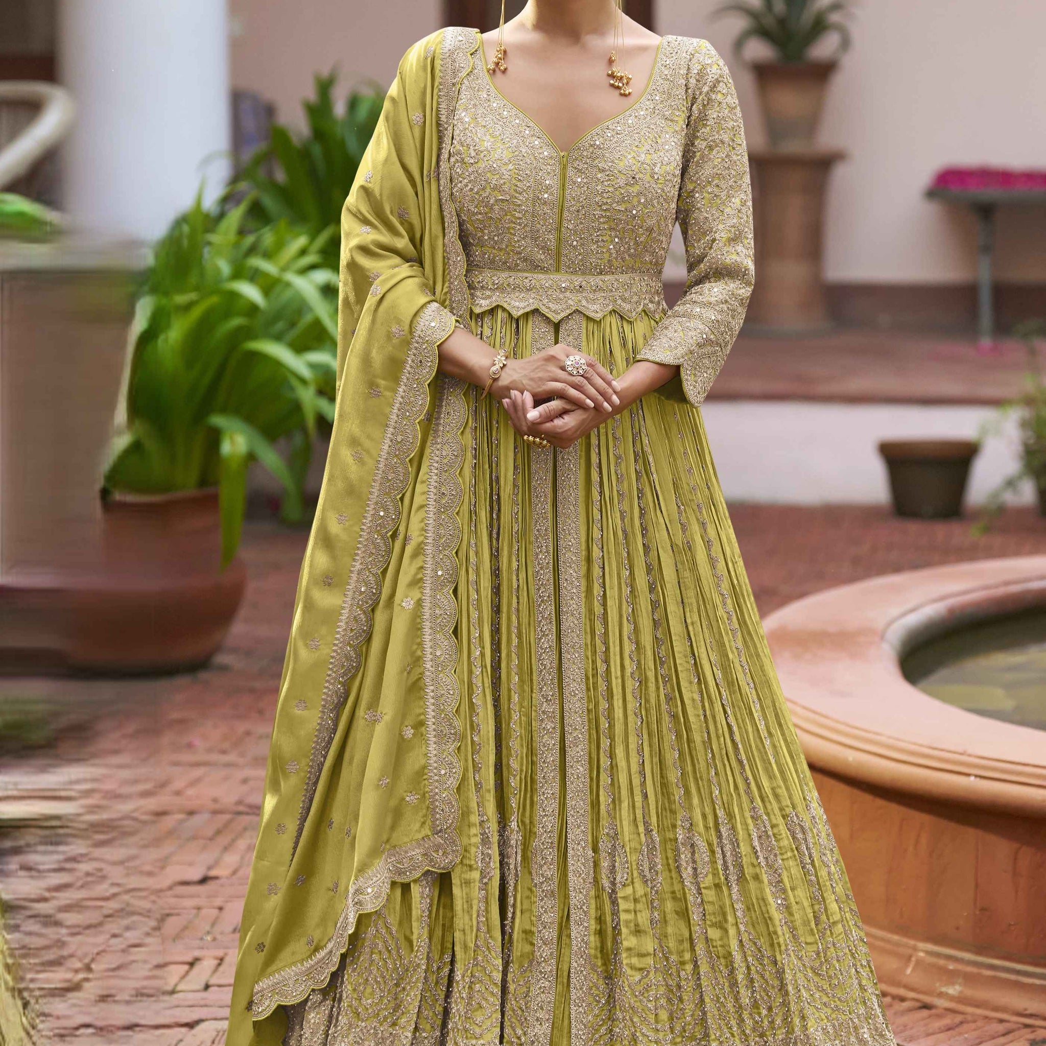 Olive Green Heavy Embroidered Chinon Anarkali Gown With Dupatta