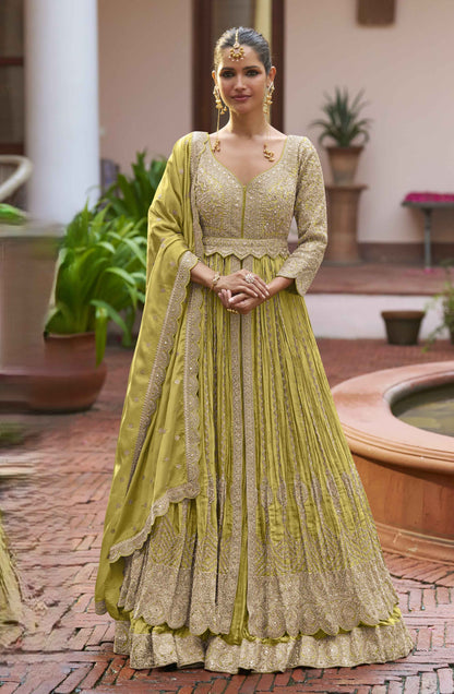 Olive Green Heavy Embroidered Chinon Anarkali Gown With Dupatta Anarkali Gown Anant Tex Exports Pvt.Ltd..