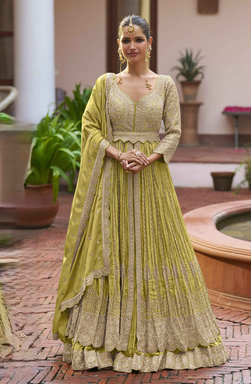 Olive Green Heavy Embroidered Chinon Anarkali Gown With Dupatta