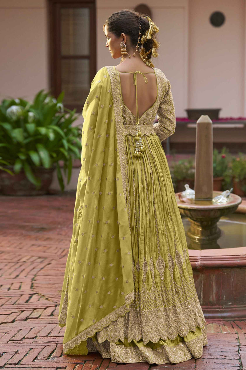 Olive Green Heavy Embroidered Chinon Anarkali Gown With Dupatta