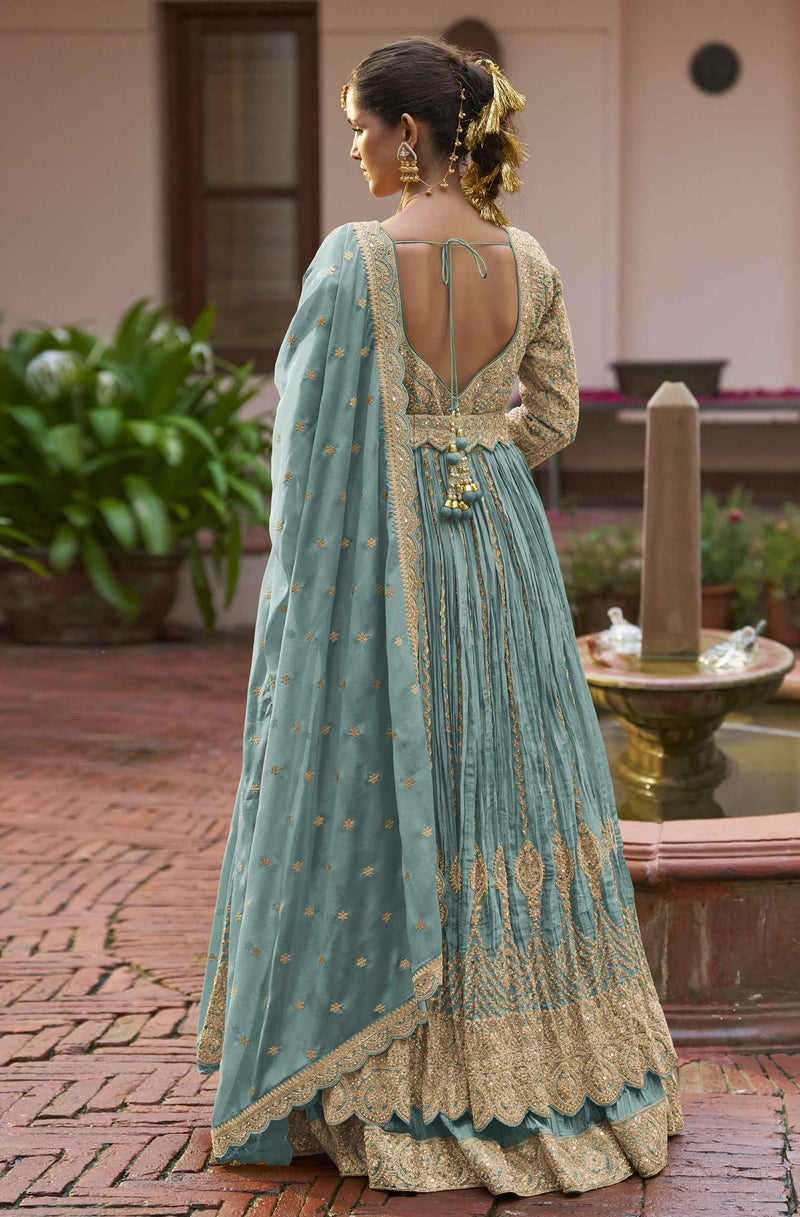 Teal Blue Real Chinon Heavy Embroidered Anarkali Gown