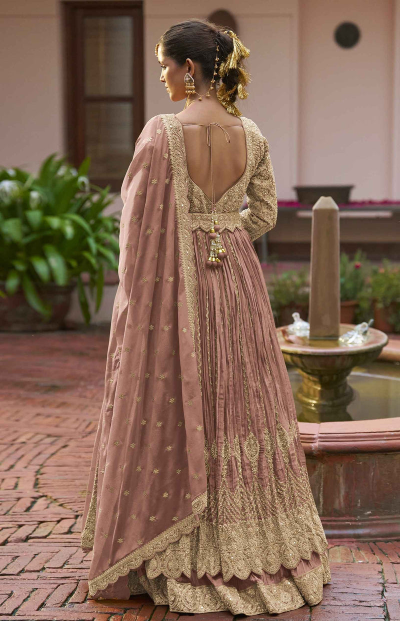 Dusty Rose Embellished Chinon Anarkali Gown Set with Dupatta