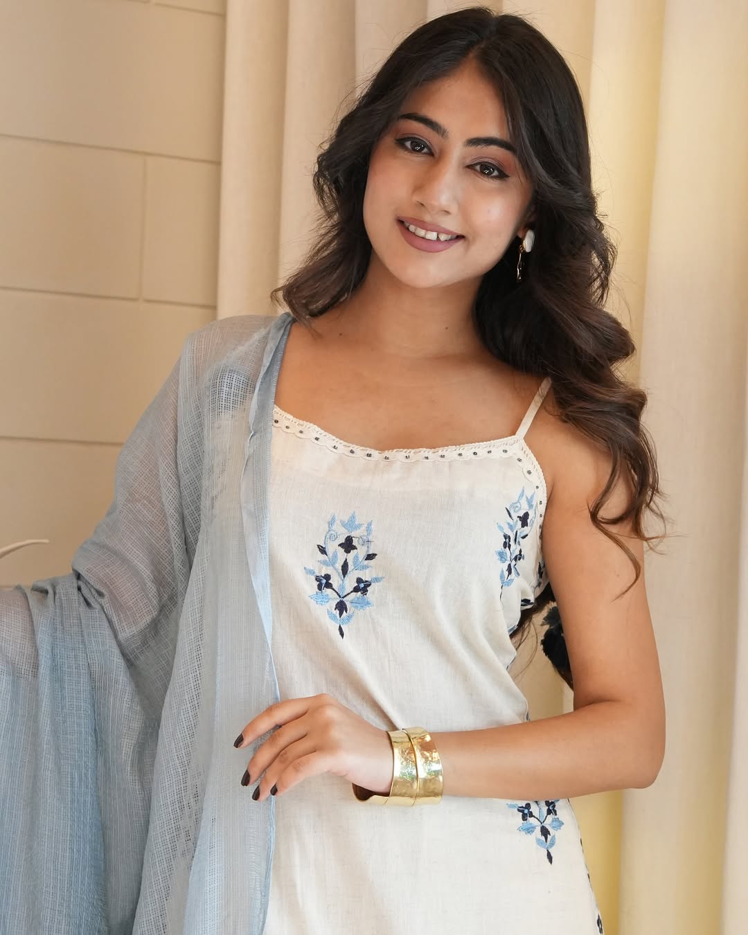 Off-White Cotton Flex Embroidered Kurti Pant Set with Kota Dupatta