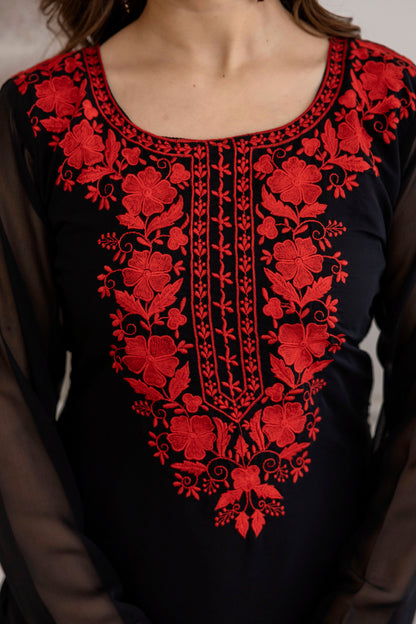 Black Embroidered Georgette Kurta Pant Set with Dupatta Kurta Pant Set Anant Tex Exports Pvt.Ltd..